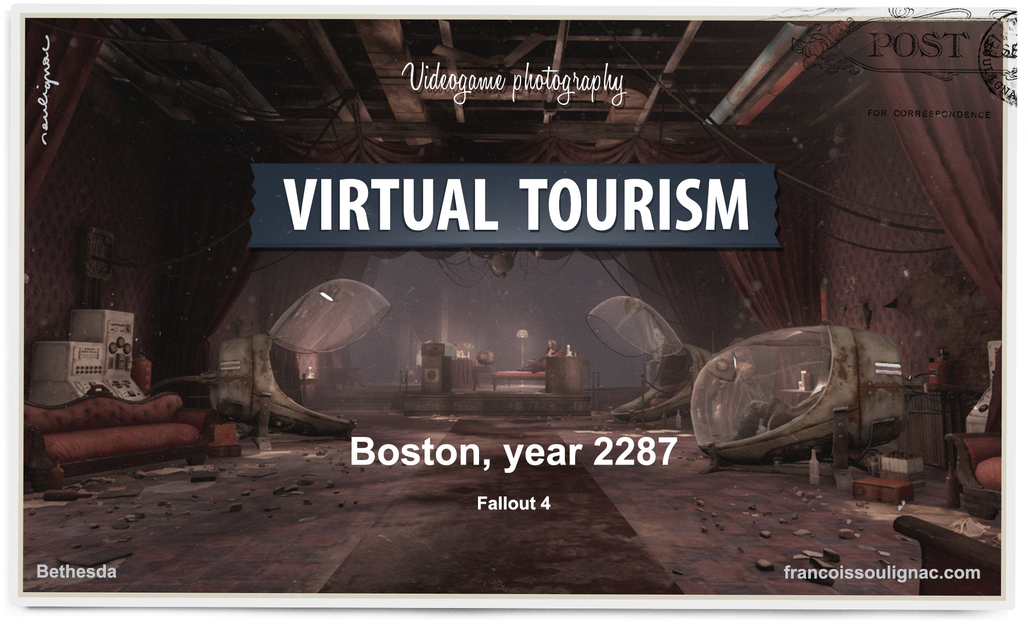 Virtual Tourism in Boston virtual reality room - Urban exploration in Fallout 4, Vintage Postcard from virtual worlds, In-game photography - © Bethesda Softworks - François Soulignac