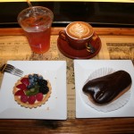 Boston food - Cappuccino, ice tea, eclair and pastries