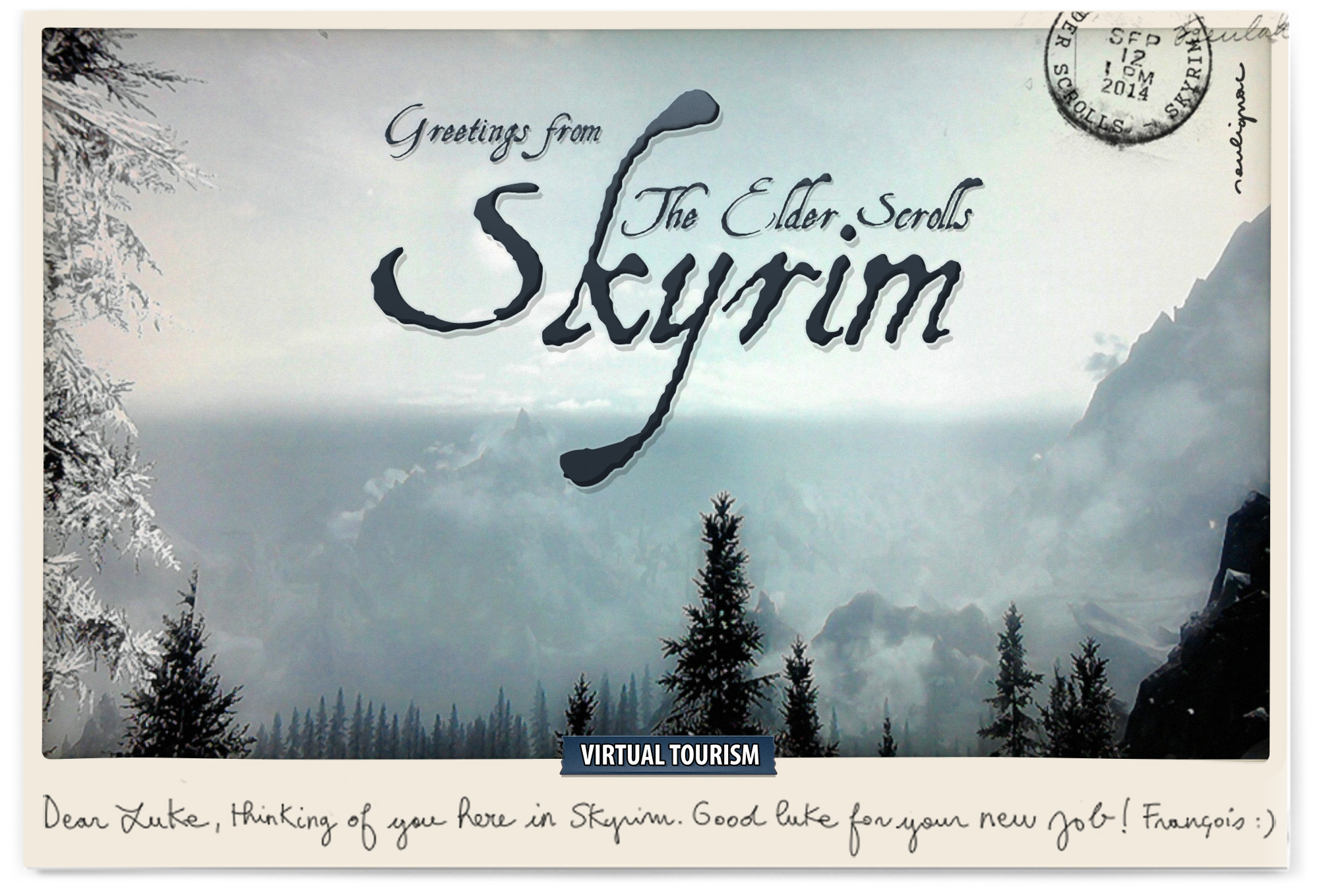 Postcards from Skyrim virtual worlds for LUKE THOMPSON - Francois Soulignac - Virtual Tourism, In-game photography - February 2014