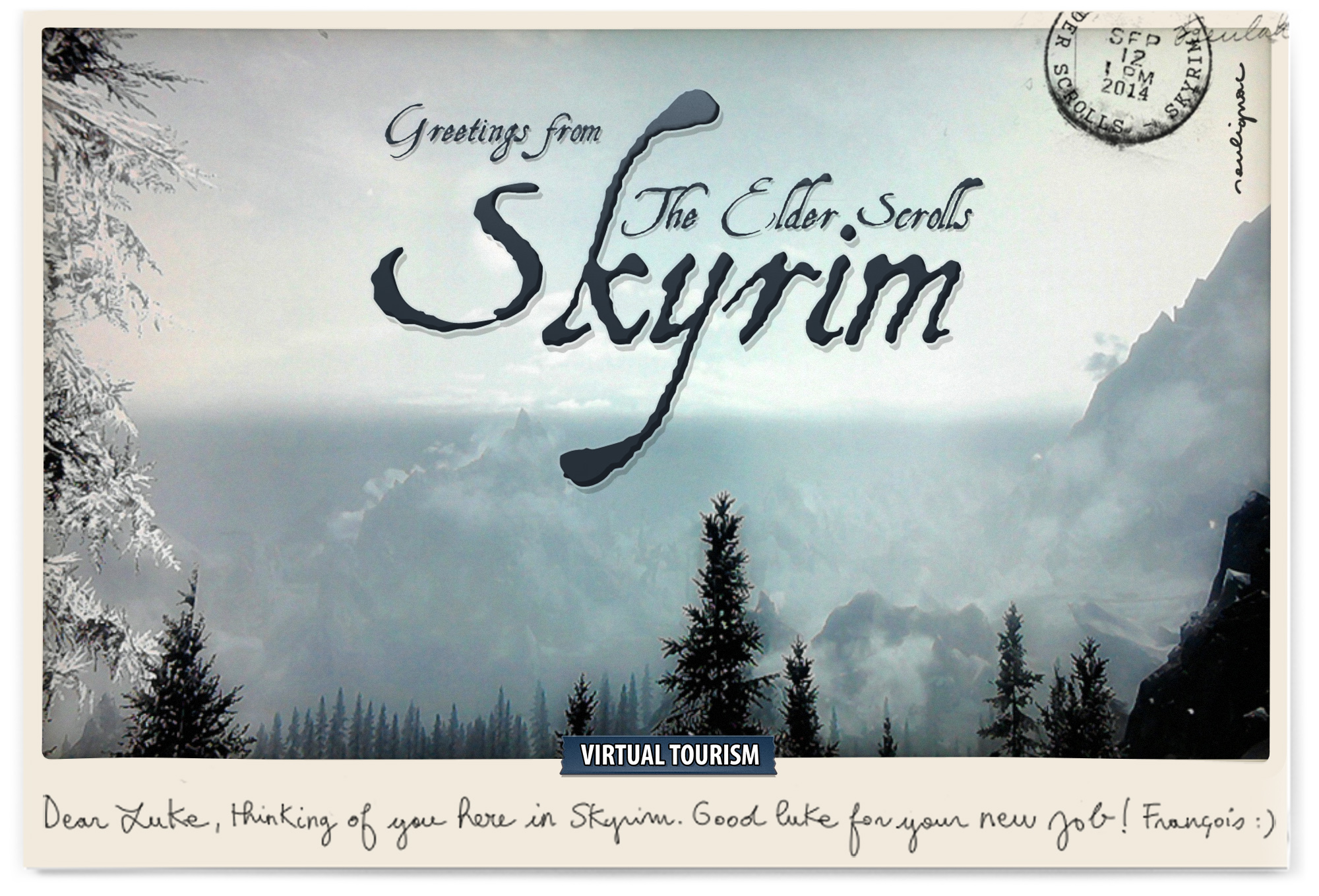 Postcards from Skyrim virtual worlds for Luke Thompson - Francois Soulignac - Virtual Tourism, In-game photography - February 2014