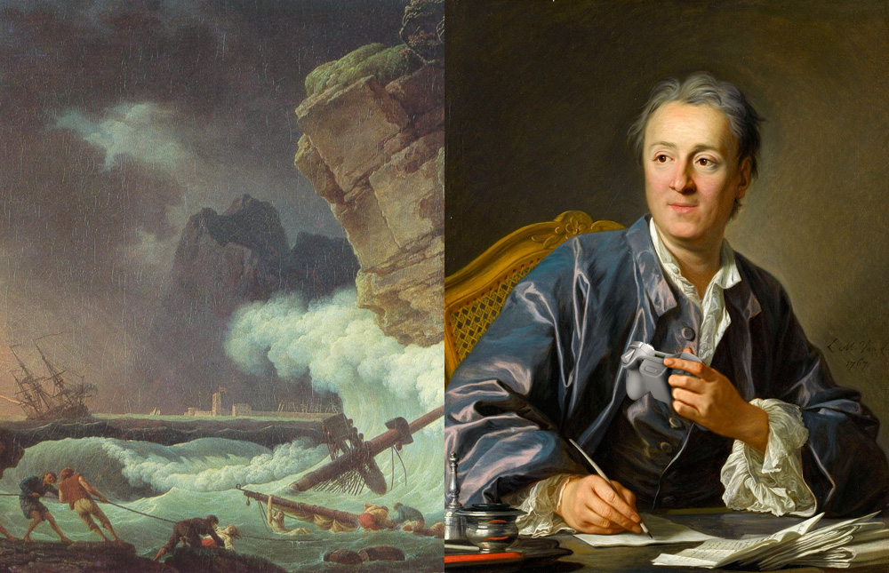 Denis Diderot critique de jeux vidéo ? - Claude Joseph Vernet, Le Naufrage dans la tempête, Avignon, Fondation Angladon-Dubrujeaud (détail). Portrait de Diderot D'après Louis-Michel van Loo, Portrait de Denis Diderot, 1767, Paris, Musée du Louvre